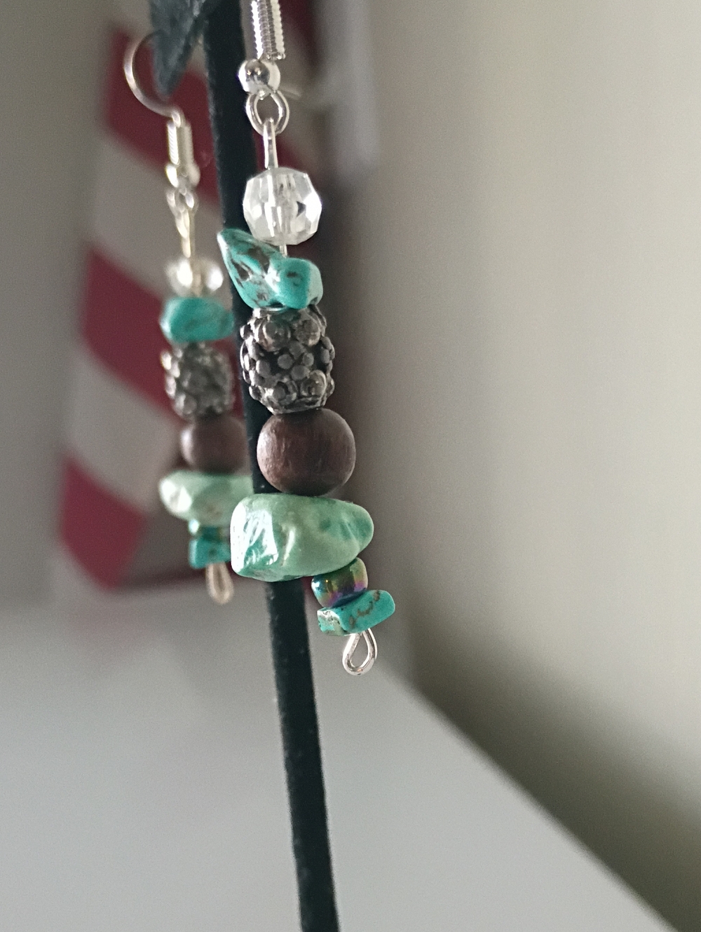 Artisan Dangle Earrings Turquoise Nugget Stones With Rustic Silver &Wood Beads